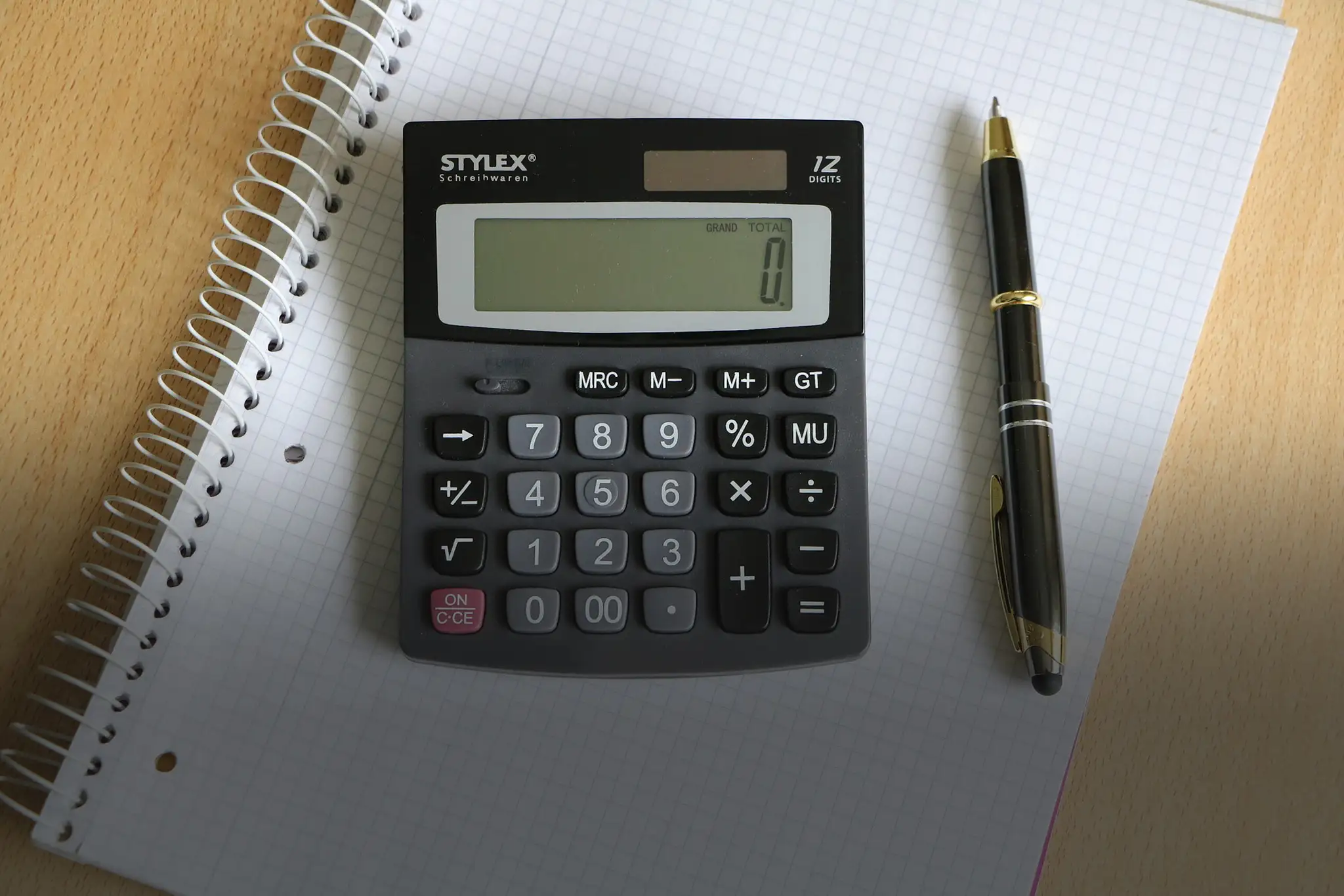 calculator and papers on a desk
